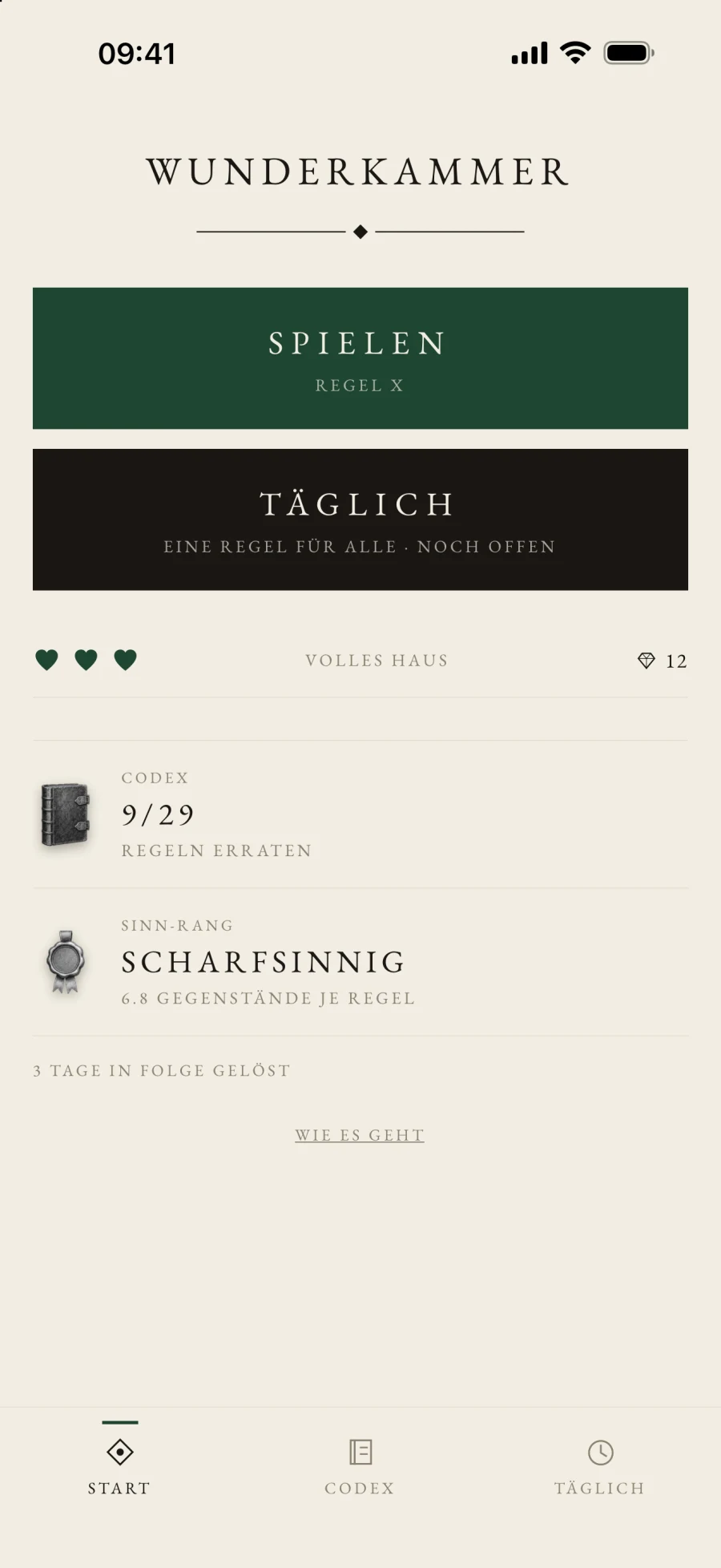 Startbildschirm mit Wortmarke, Spielen und Täglich.
